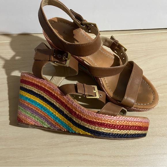 KATE SPADE Womens Darla Brown Leather Espadrille Rainbow Multi-Color Wedges Sz 7 - Picture 1 of 8